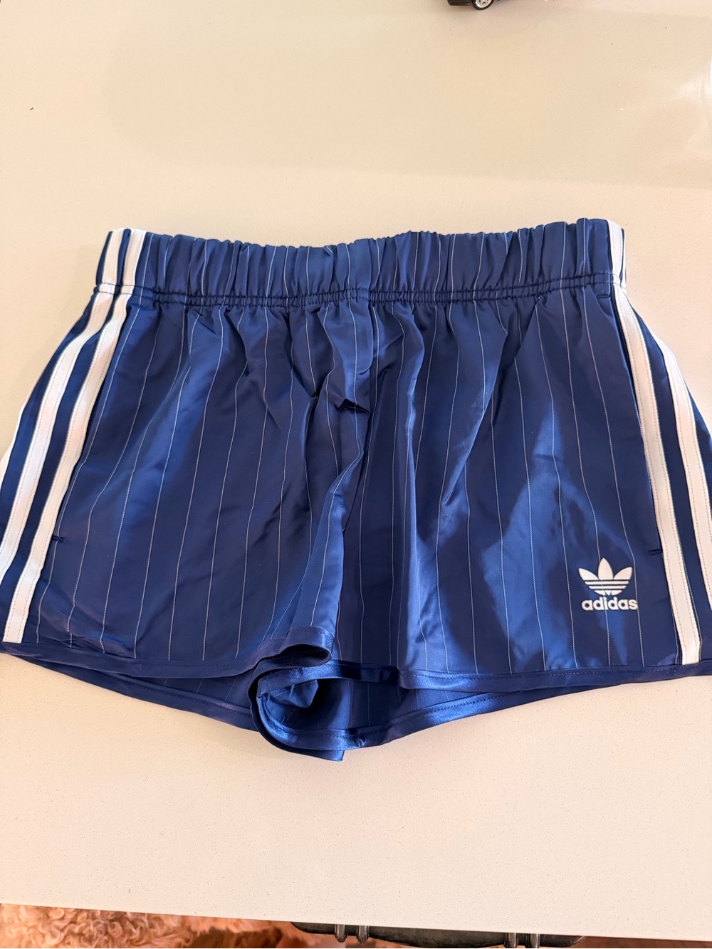 adidas Navy Pinstripe Track Shorts with White Side Stripes
